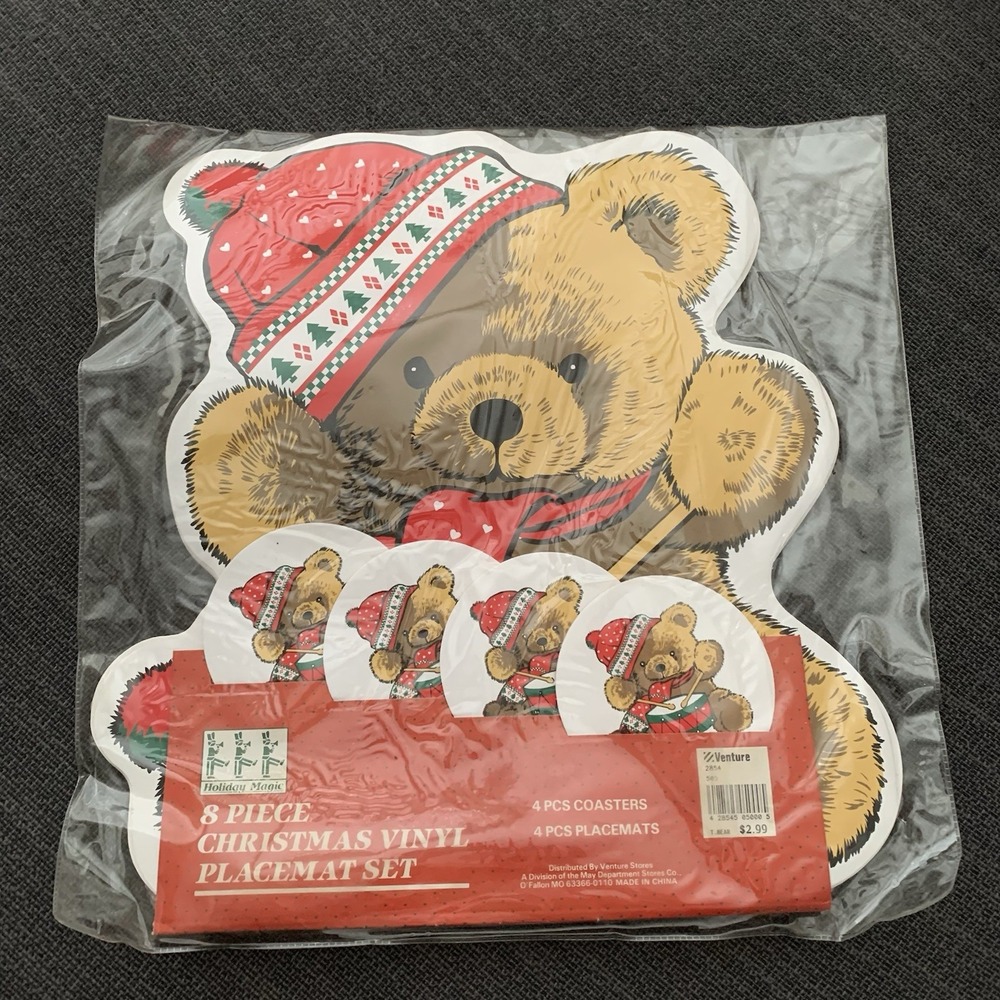 New Vintage Venture Christmas Teddy Bear Placemats Coasters 8 Pc Vinyl
